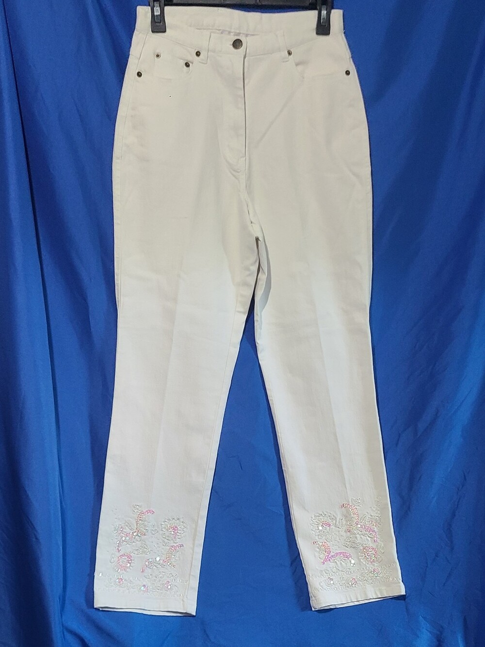 Susan Graver Size 8 White Ankle Pants with Sequin Detail Lower Legs